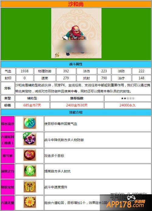 梦幻西游手游沙和尚属性技能