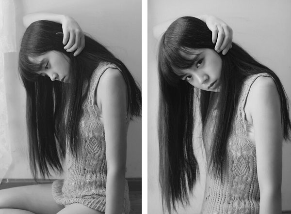 素颜大眼美女室内黑白写真(5)